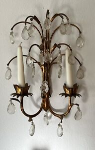 Pair Of Vintage Brass 2 Candle Sconces With Glass Crystals