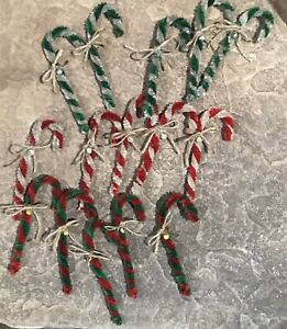 Set Of 15 Primitive Made Chenille Candy Canes Christmas Ornaments Jute Tie Bell