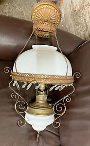 Antique The Juno Lamp Victorian Parlor Hanging Oil Lamp Prisms Hubbell Socket