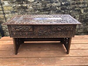 Folding 1860s High Relief Chinese Scribes Travelling Campaign Desk Table