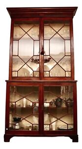 A Large And Rare Glass Front Antique English Astragal Glazed Breakfront Cabinet