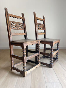 Antique Pair Of 17th Century English Wedding Chairs Hand Carved Gothic Revival