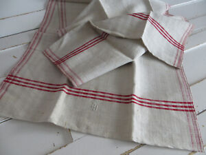 Antique Handwoven Striped Linen Towel Red Stripes Monogram Aw German Table Cloth