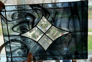 Leaded Glass Window Beveled Vintage Design With Black Swirled Glass Very Rare