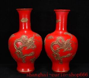 7 6 Qianlong Red Glaze Porcelain Gilt Dragon Loong Vase Bottle Statue A Pair