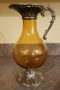 Antique Italian 11 Claret Jug Wine Decanter Hand Blown Amber Glass Italy