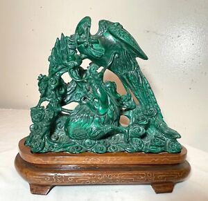 Large Antique Hand Carved Chinese Green Malachite Stone Sculpture
