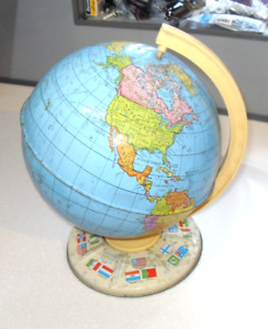 Large Size Vintage 1970s Tinplate Globe World Flags Chad Valley England