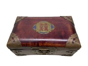 Exotic Oriental Chinese Wood Jewelry Trinket Box Vintage Brass