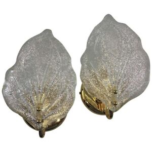 1960s Pair Of Italian Gold Plated Brass Murano Glass Leaf Wall Sconces