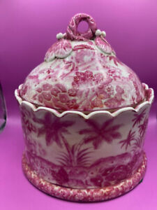 Antique Asian Porcelain Pink Red White Lidded Bowl 1800 S