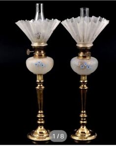 Pair Of Victorian J R Bec Rond Parisien Burners Glass Brass Peg Leg Oil Lamps