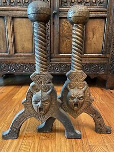 Pair Of Antique Devil Demon Satyr Cast Iron Andirons 1800s Gothic Fireplace