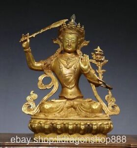 12 Old Chinese Copper Gilt Buddhism Wenshu Manjushri Wisdom Sword Statue