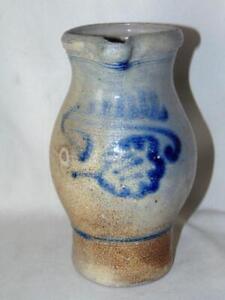 Antique Primitive Saltglaze Stoneware Pottery 8 Thrown Pitcher Cobalt Floral