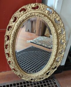 Antique Gorgeous Oval Ornate Hanging Wall Beveled Glass Mirror Wooden Frame