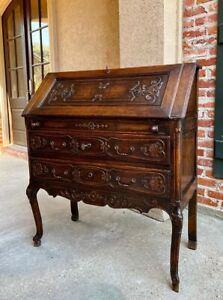 Antique French Carved Oak Secretary Desk Bureau Drop Front Louis Xv Style