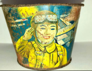 Japanese War Tin Toy Bucket Flying Soldier Before Made In Japan Antique