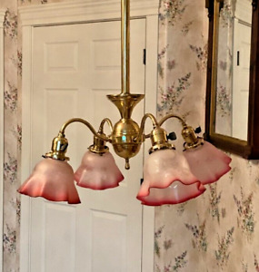 Antique 4 Arm Brass Hanging Lamp Light Chandelier W Cranberry Cherub Shades