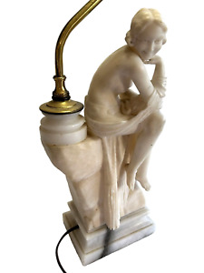 Antique Signed Gaspar Mascagni Art Deco Carved Alabaster Nymph Sculpture Lamp