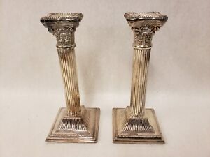 Pair Of Vintage Silver Plated Corinthian Column Style Ornate Candlesticks
