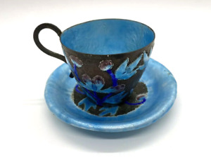 Chinese Export Canton Enamel Cloisonn Blue Plum Teacup Mug And Saucer Mini