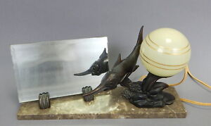 Antique Art Deco Jacques Limousin French Bronze Statue Tv Vanity Lamp Sword Fish