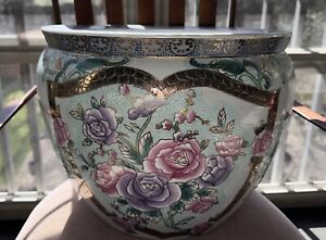 Chinese Export Large Porcelain Gold Famille Rose Koi Fish Bowl Planter Vase