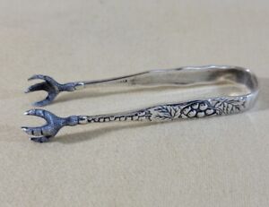Antique Sterling Silver Grape Leaf Design 4 Claw Feet Tongs English Hallmark