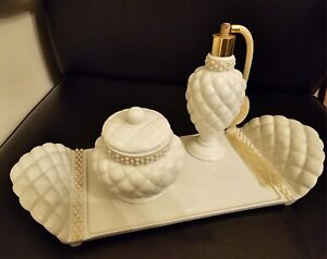 Vintage Avon Porcelain Vanity Set Purfume Bottle And Container With Lid