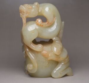 Chinese Antique Hetian Jade Carved Dragon Figure Statue Unique Wonderful Artwork