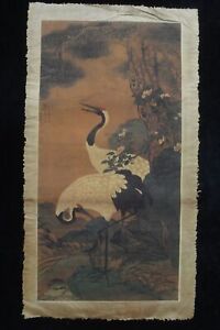 Old Large Chinese Paper Painting Pine Tree And Cranes Birds With Marks