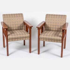 Pair Of Art Craft Mission Style Mahogany Arm Chairs Upholstered In Grey Fabric