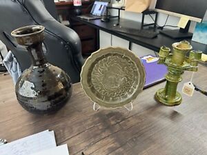 Antique Chinese Yuan Dynasty Dish Joseon Vase And Possibly Ming Candlestick