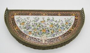 Antique French Demi Lune Table Top Platform Brass Porcelain Painted Flowers