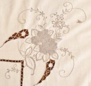 Beautiful Long Antique French Lacework Embroidered Roses Cotton Tablecloth