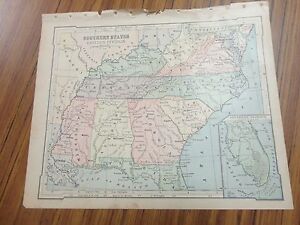 Nice Color Map Of Thesouthern States East Printed 1896 By American Book Co 