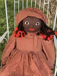 Primitive Gingham Prairie Dress Bonnet Bare Foot Black Folk Art Doll Ooak Sj8j