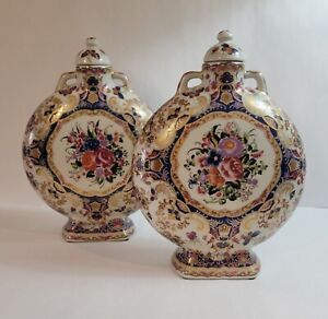 Pair Of Imari Moon Flask Vase With Handles And Lids Mint Condition