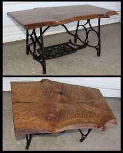 Industrial Live Edge Old Oak Slab Timber Coffee Table W Iron Sewing Machine Base