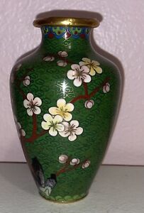 Japanese Cloisonne Green Vase Cherry Tree Blossoms Leaves 5 Inches Tall