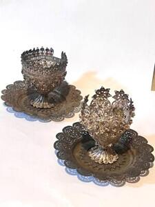 Vintage Antique 2 X Turkish Ottoman Silver Filigree Delicate Zarf Egg Cup Tray