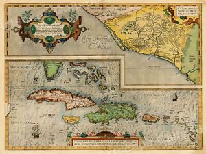 1580 Caribbean Cuba Historic Vintage Style New World Map 18x24