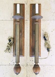 Vintage Brass And Wood Electric Wall Light Sconces Mcm