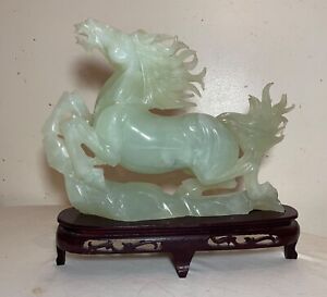 Large Hand Carved Chinese Green Jade Stone Wood Horse Sculpture Statue Figurine