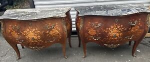 Pair French Louis Xv Style Floral Inlaid Marble Top Chest Commodes