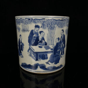 Chinese Blue White Porcelain Hand Paintde Exquisite Figure Brush Pot 14753
