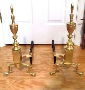 Vintage Brass Cast Iron Andirons Firedogs Fireplace Matching Pair 20 High 