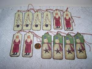 12 Christmas Primitive Santa Snowman Fussy Cut Linen Cardstock Gift Hang Tags