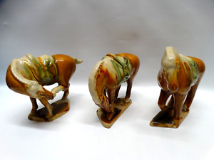 Set Of 3 Vtg Chinese Tang Dynasty Style War Horses Figurines Drip Glaze Ceramic